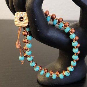 blue and Bronze Beads on Leather Bracelet